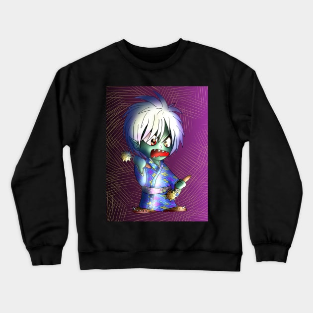 evil dark elf fighter in a blue kimono with num-chuks Crewneck Sweatshirt by cuisinecat